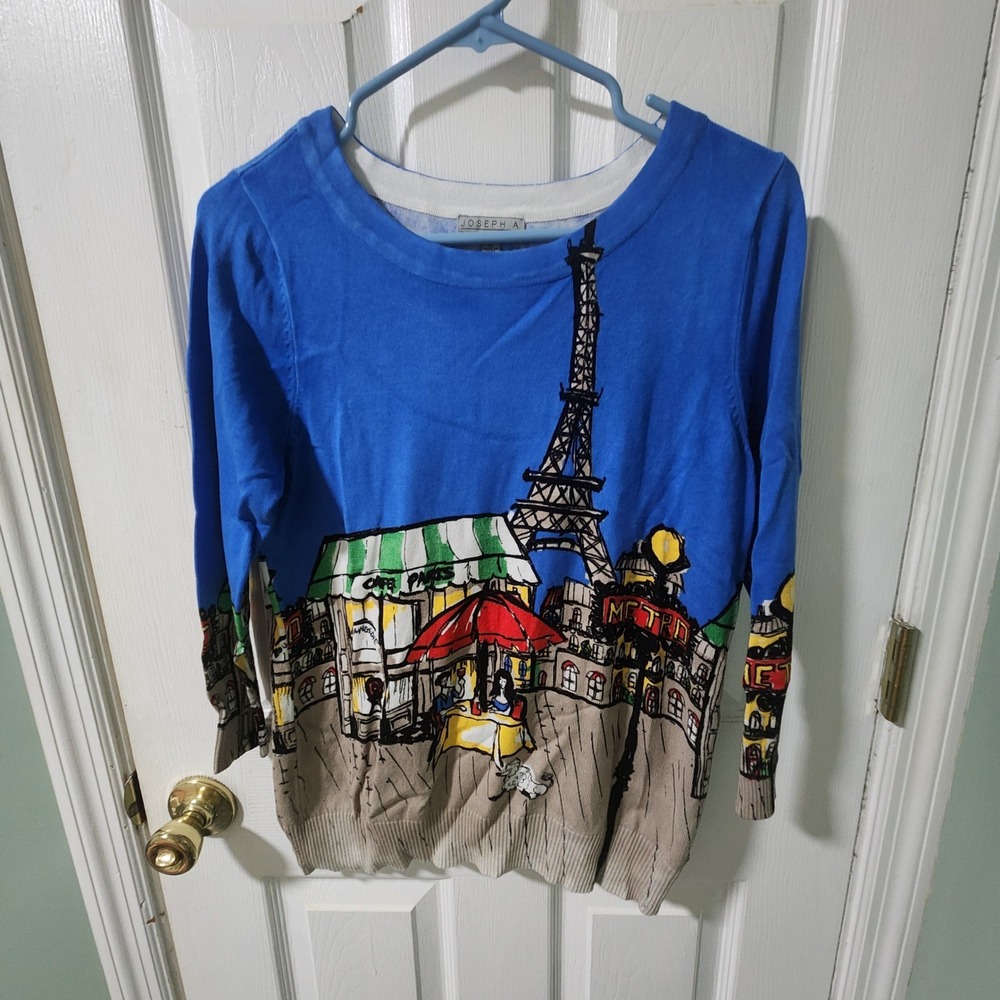 Joseph A Sweater Womens Medium Blue Paris Eiffel Tower Cafe Parisian Chic Knit